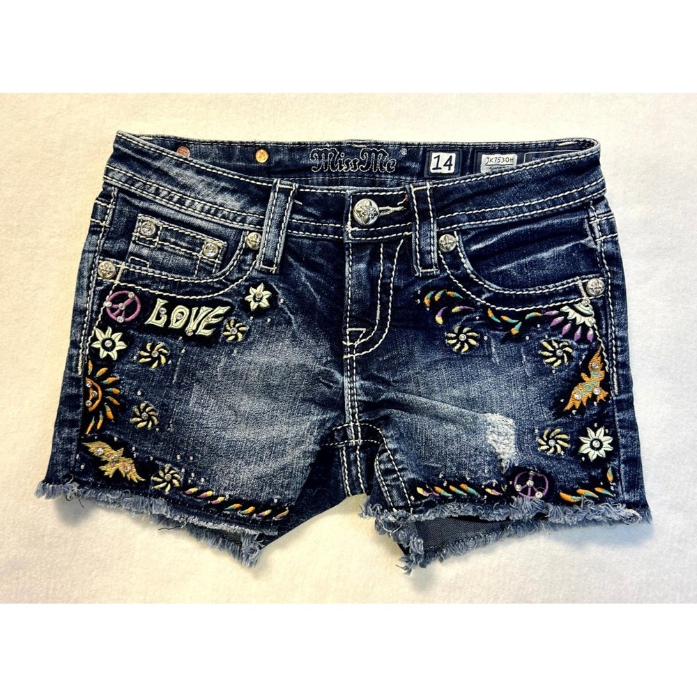 Miss Me Embellished Embroidered Cutoff Denim Shorts Distressed Girls Size 14 - Picture 2 of 15